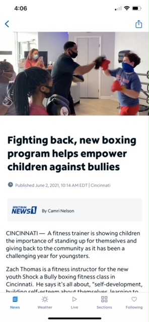 Screenshot of news article discussing boxing program to fight back against bullying